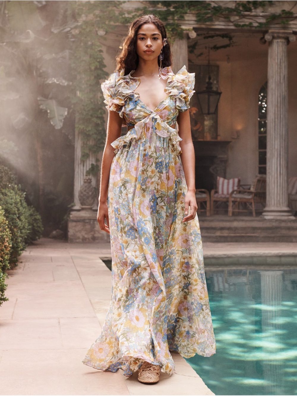 Pastel Floral Ruffle Maxi Dress - Lightweight V-Neck